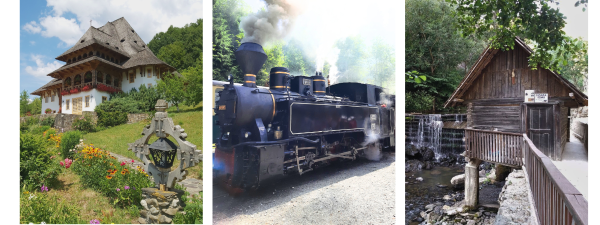 Collage aus Rumänien: Klosteranlage Bârsana, Mocănița Wassertalbahn und Rudăria-Wassermühlen im Banat – Reise durch die Karpaten