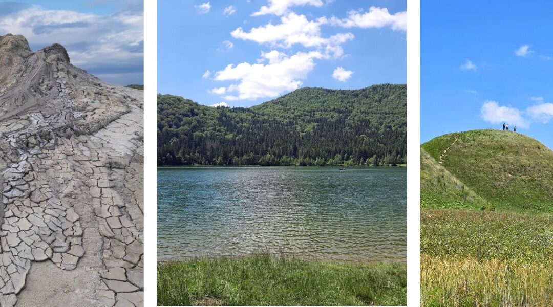 Drei Naturwunder Rumäniens: Schlammvulkan bei Berca mit rissigem Lehm, klarer Kratersee St. Ana im Harghita-Gebirge und grasbewachsene Pyramide von Șona unter blauem Himmel.