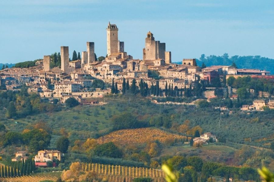 Mittelalterliche Türme von San Gimignano auf einem Hügel mit Weinbergen im Vordergrund