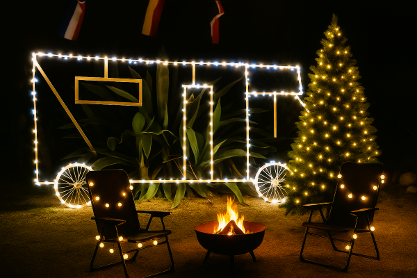 Beleuchteter Stellplatz mit Camper aus Lichterketten, Weihnachtsbaum, Feuerschale und Campingstühlen – perfekte Weihnachtsstimmung für Camper.