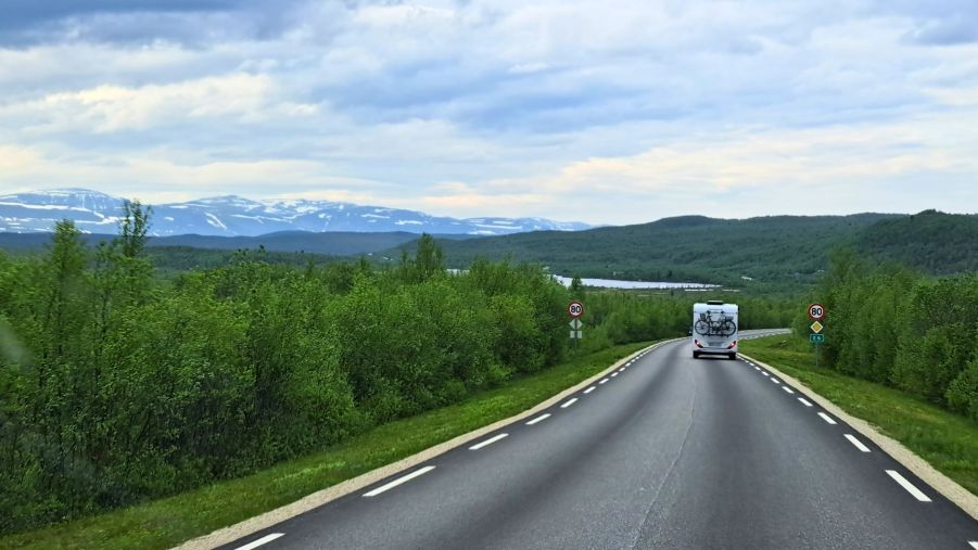 Straße an der Baumgrenze in Nordnorwegen auf dem Weg zum Nordkapp