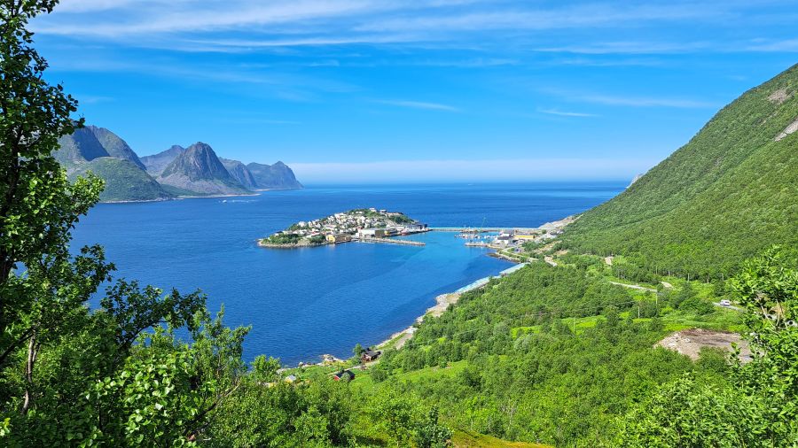 Panoramablick auf Husøy mit Bergen und Meer auf Senja
