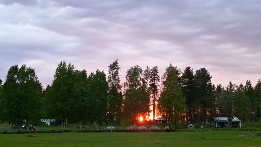 Sonnenuntergang zwischen Bäumen auf dem Stellplatz in Hortlax