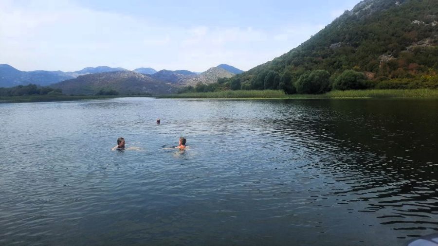 Schwimmer im Wasser der Rijeka Crnojevića vor Bergkulisse