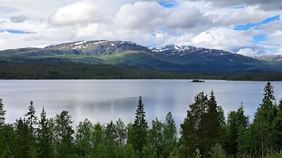 Bergsee zwischen Wäldern und schneebedeckten Bergen entlang der E6 in Norwegen