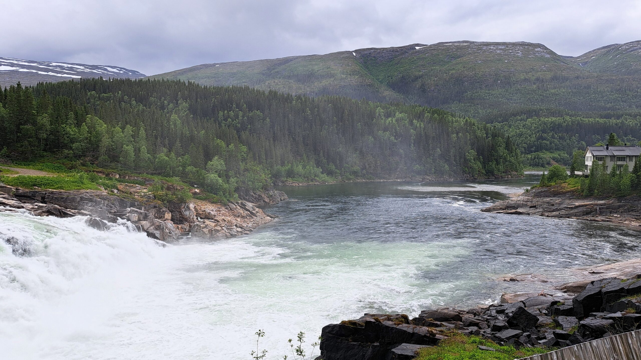 Laksforsen Wasserfall an der Vefsna mit bewaldeten Bergen im Hintergrund