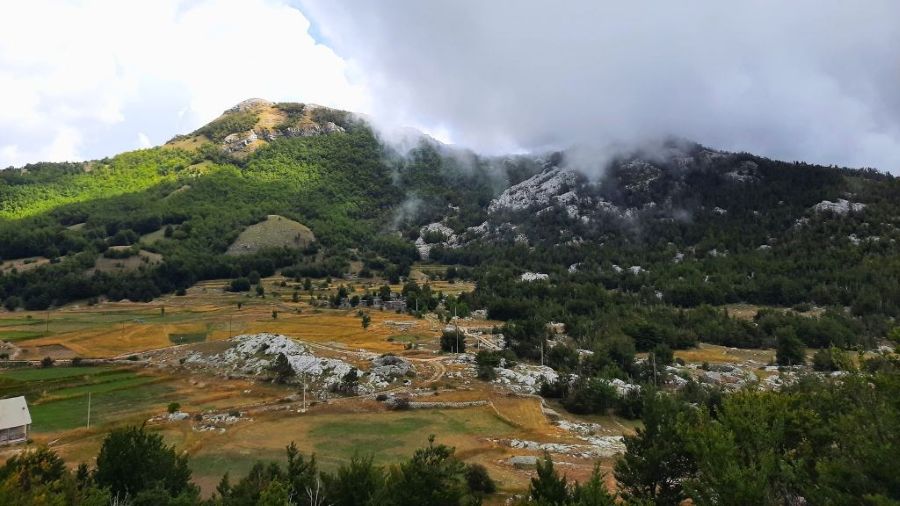 Bergdorf im Nebel im Lovćen-Massiv, Montenegro