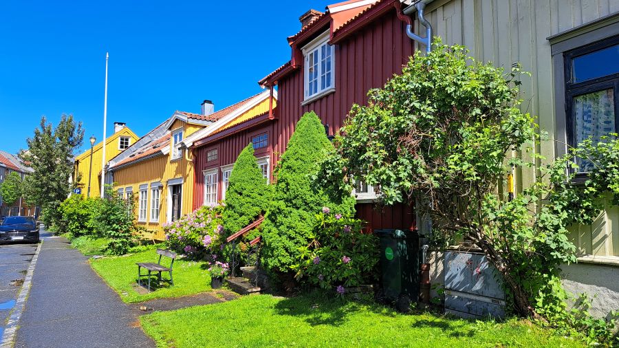 Bunte Holzhäuser und Speicher an der Nidelva in Trondheim
